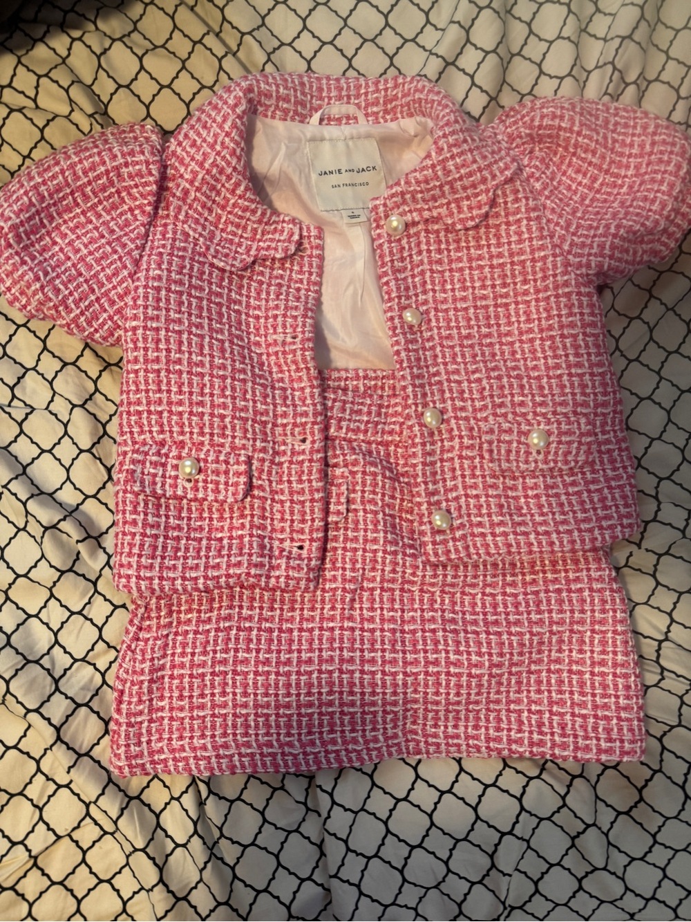 Janie and Jack Pink Tweed Jacket with Pearl Button and Matching Tweed Skirt